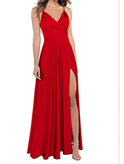 A-Line Wedding Guest Prom Floor Length Sleeveless Spaghetti Strap Bridesmaid Dress Satin with Slit