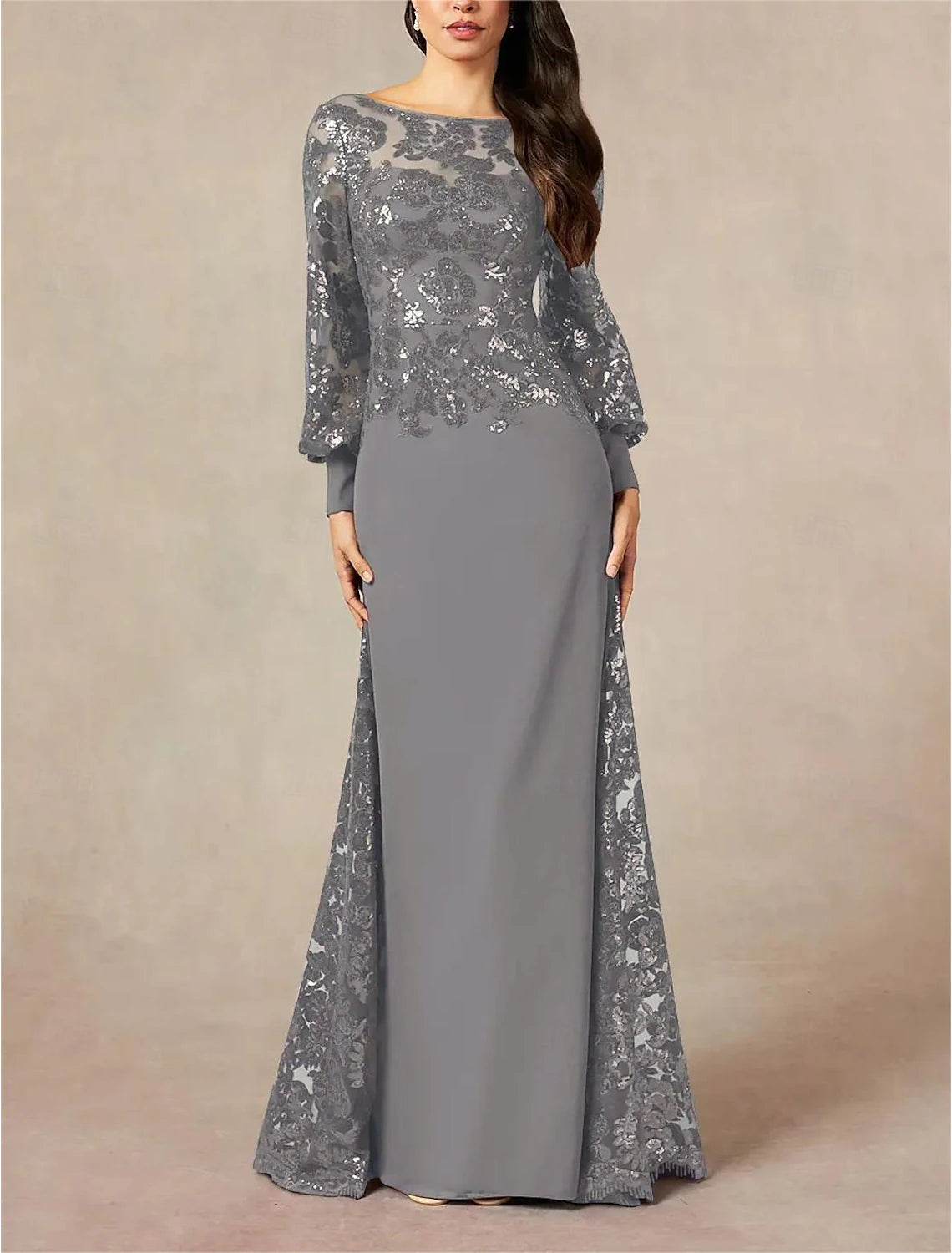 Mother of the Bride Dress Wedding Guest Elegant Jewel Neck Floor Length Chiffon Sequined Long Sleeve with Sequin