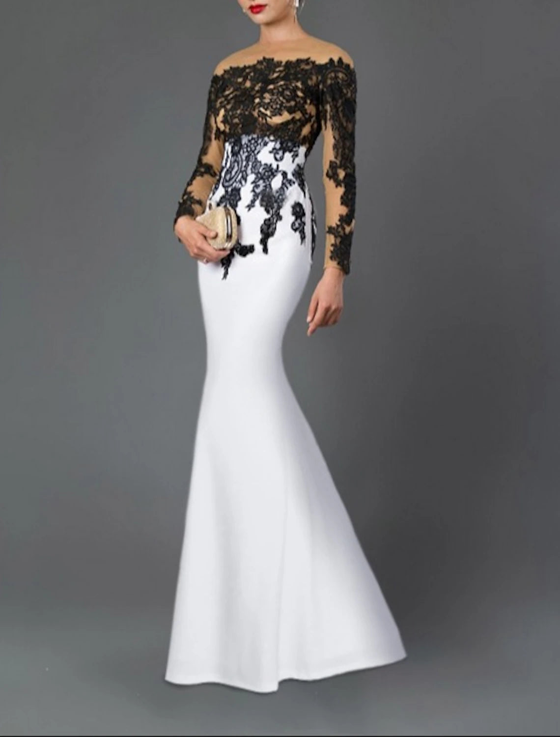 Sheath Mermaid Long Sleeve Evening Gown  Off the Shoulder Jewel Neck Stretch Crepe Prom Dress with Appliques