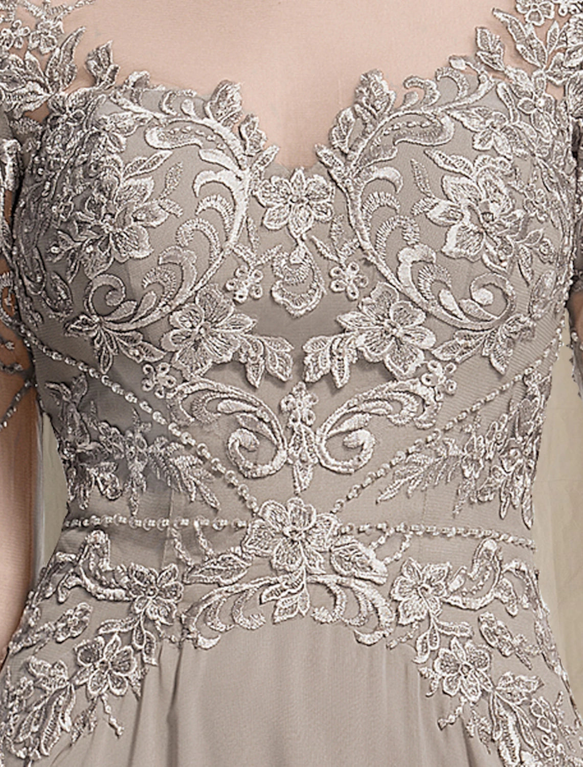 A-Line Mother of the Bride Dress Elegant Luxurious Jewel Neck Floor Length Chiffon Lace Long Sleeve with Pleats Appliques