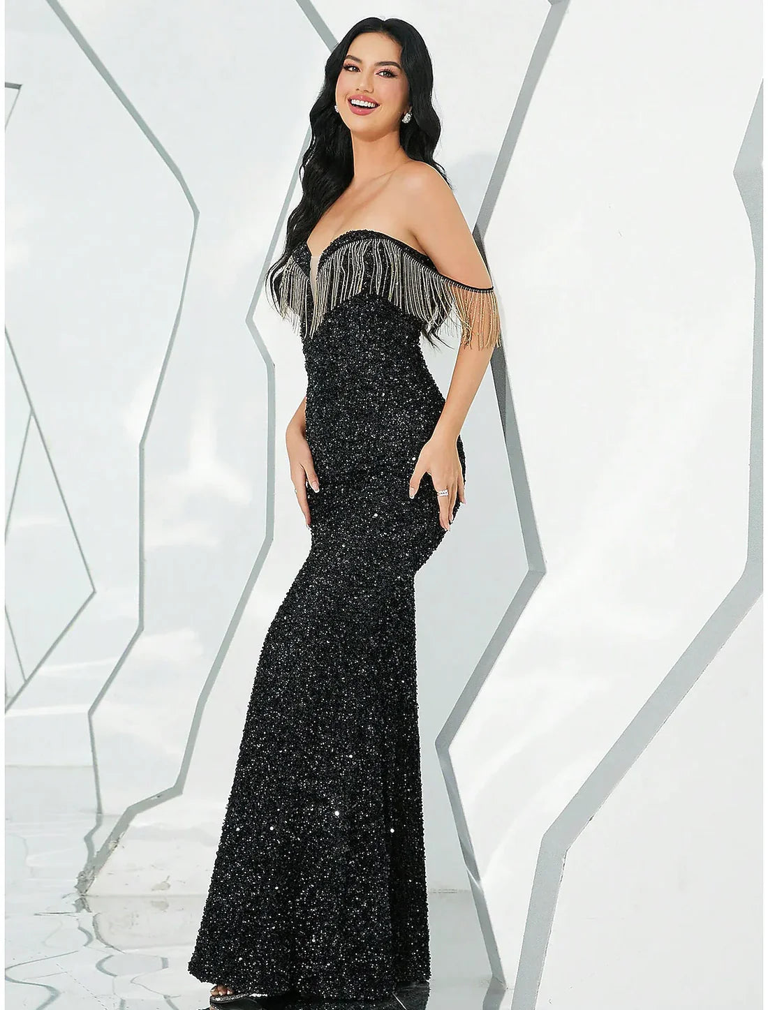 Evening Gown Sparkle & Shine Dress Formal Fall Floor Length Sleeveless Sweetheart Sequined with Glitter Tassel