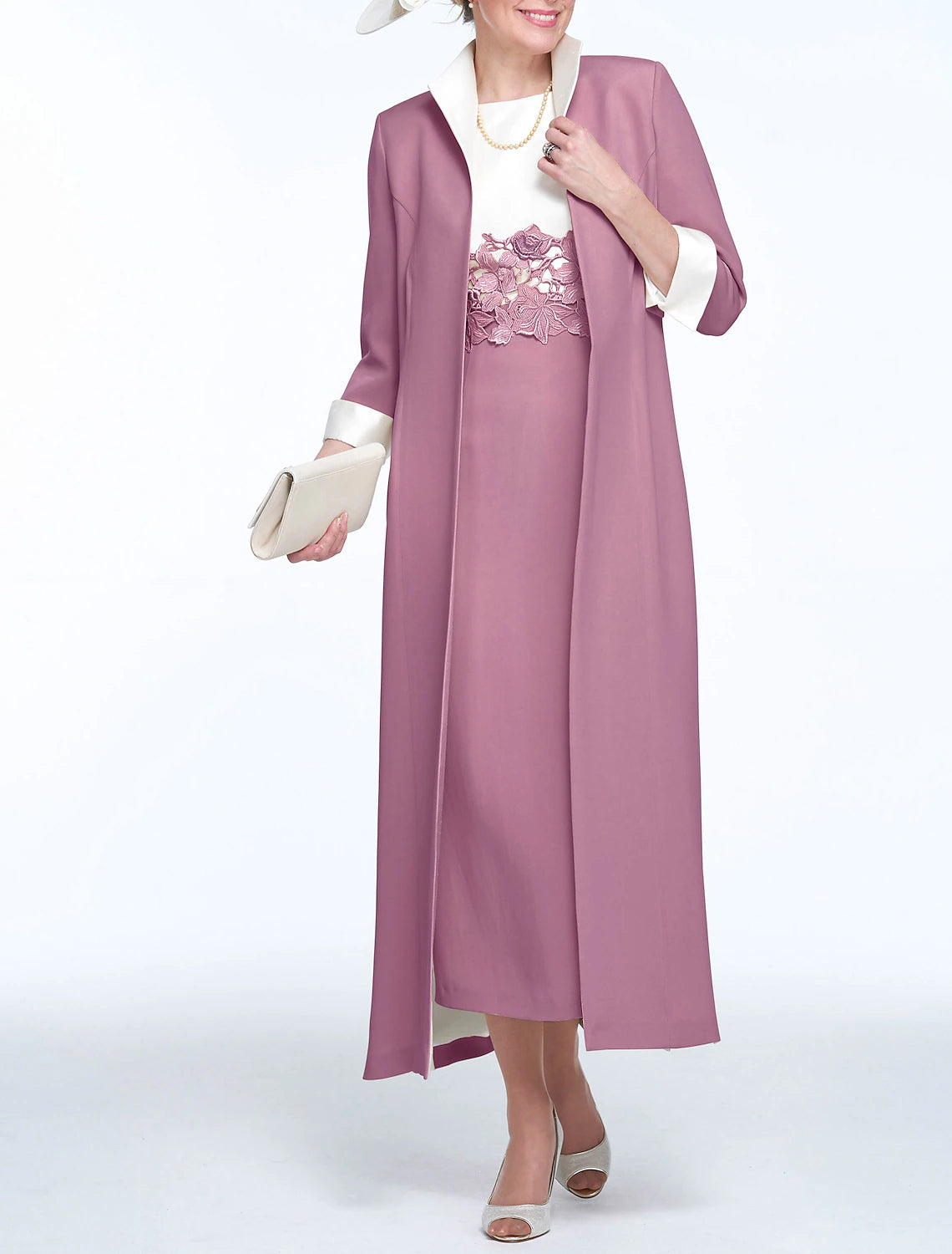 Sheath / Column Church Elegant Jewel Neck Two Pieces Wedding Guest Ankle Length Stretch Fabric Sleeveless Mother of the Bride Dress with Appliques