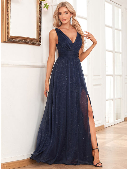 A-Line Evening Gown Elegant Dress Wedding Guest Party Wear Floor Length Sleeveless V Neck Spandex V Back with Glitter Slit