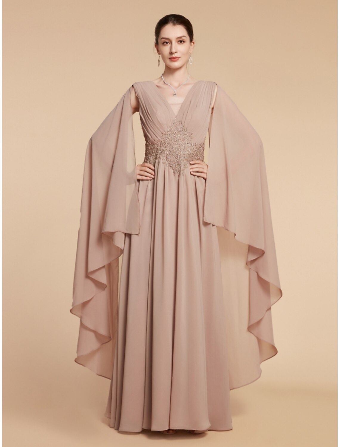 A-Line  V Neck Ankle Length Mother of the Bride Dress Wedding Guest Chiffon Lace Sleeveless with Ruching