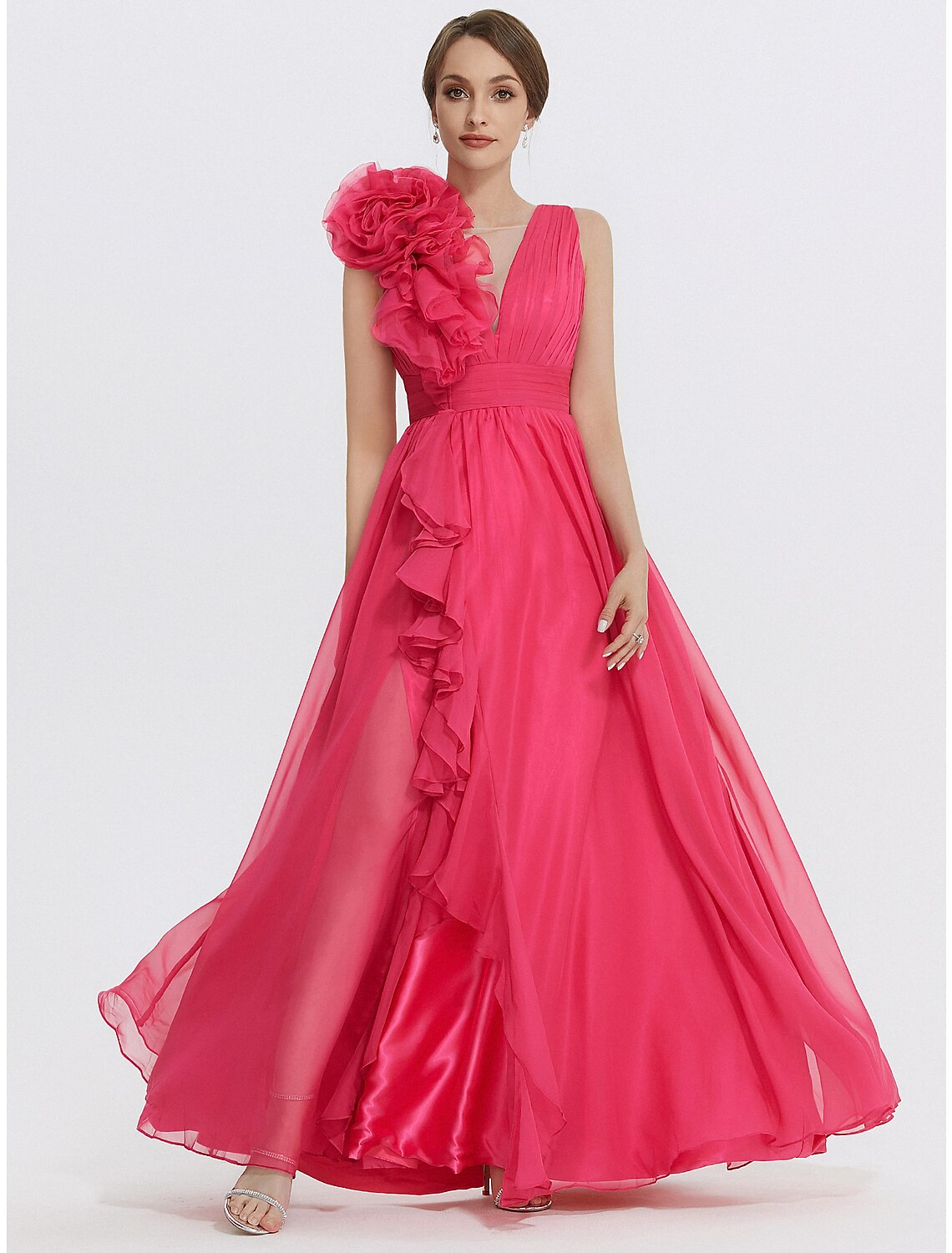 A-Line Evening Gown Floral Dress Formal Wedding Guest Floor Length Sleeveless V Neck Chiffon with Ruched Appliques