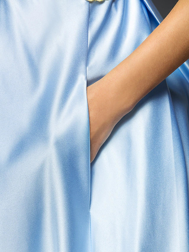 A-Line Special Occasion Dresses Party Dress Wedding Guest Knee Length Long Sleeve Off Shoulder Satin with Pleat