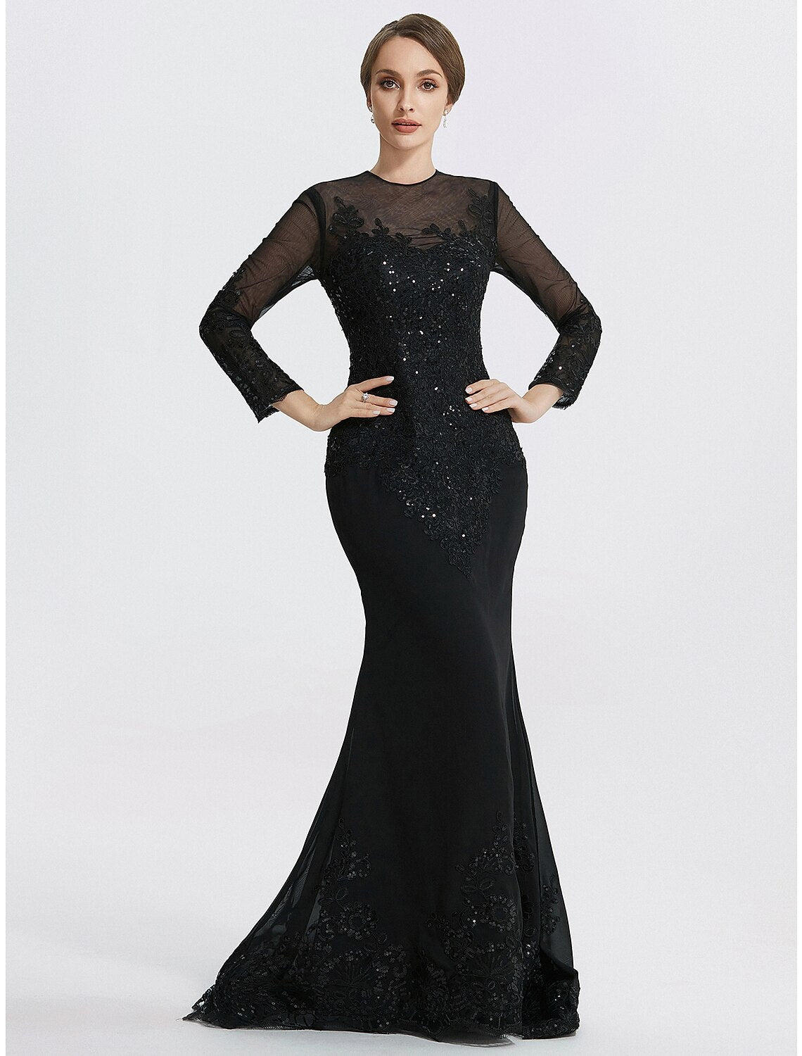 Mermaid / Trumpet Sheath / Column Evening Gown Elegant Dress Formal Floor Length Long Sleeve Jewel Neck Lace with Appliques