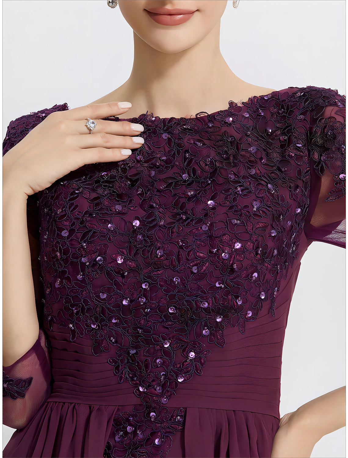 Sheath / Column Mother of the Bride Dress Formal Wedding Guest Elegant Sparkle & Shine Jewel Neck Asymmetrical Floor Length Chiffon Lace 3/4 Length Sleeve with Sequin Appliques