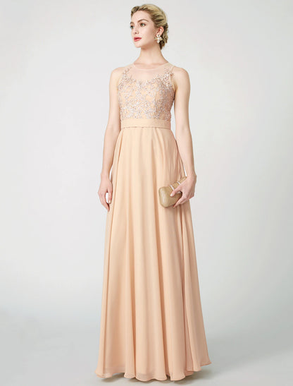 A-Line Classic & Timeless Keyhole Pastel Colors Holiday Cocktail Party Prom Dress Illusion Neck Sleeveless Floor Length Chiffon Beaded Lace with Pleats Appliques