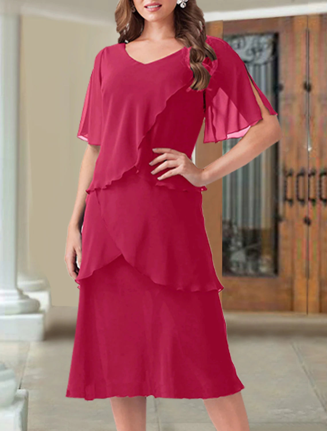 A-Line Plus Size V Neck  Wedding Guest Dress Tea Length Chiffon Short Sleeve Mother of the Bride Dress with Ruffles