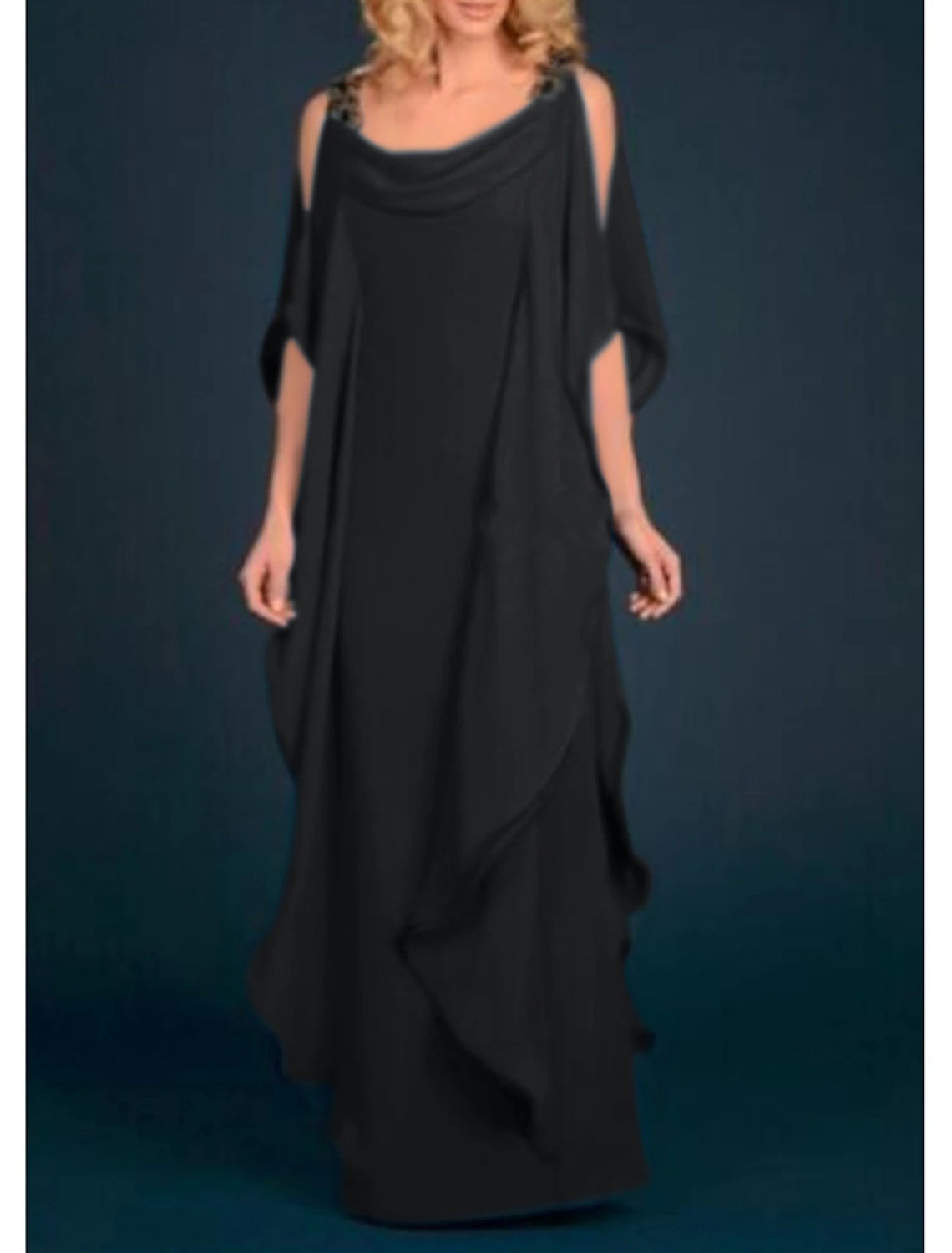 Plus Size Scoop Neck Floor Length Wedding Guest Party Dress Chiffon Half Sleeve Mother of the Bride Dress with Appliques