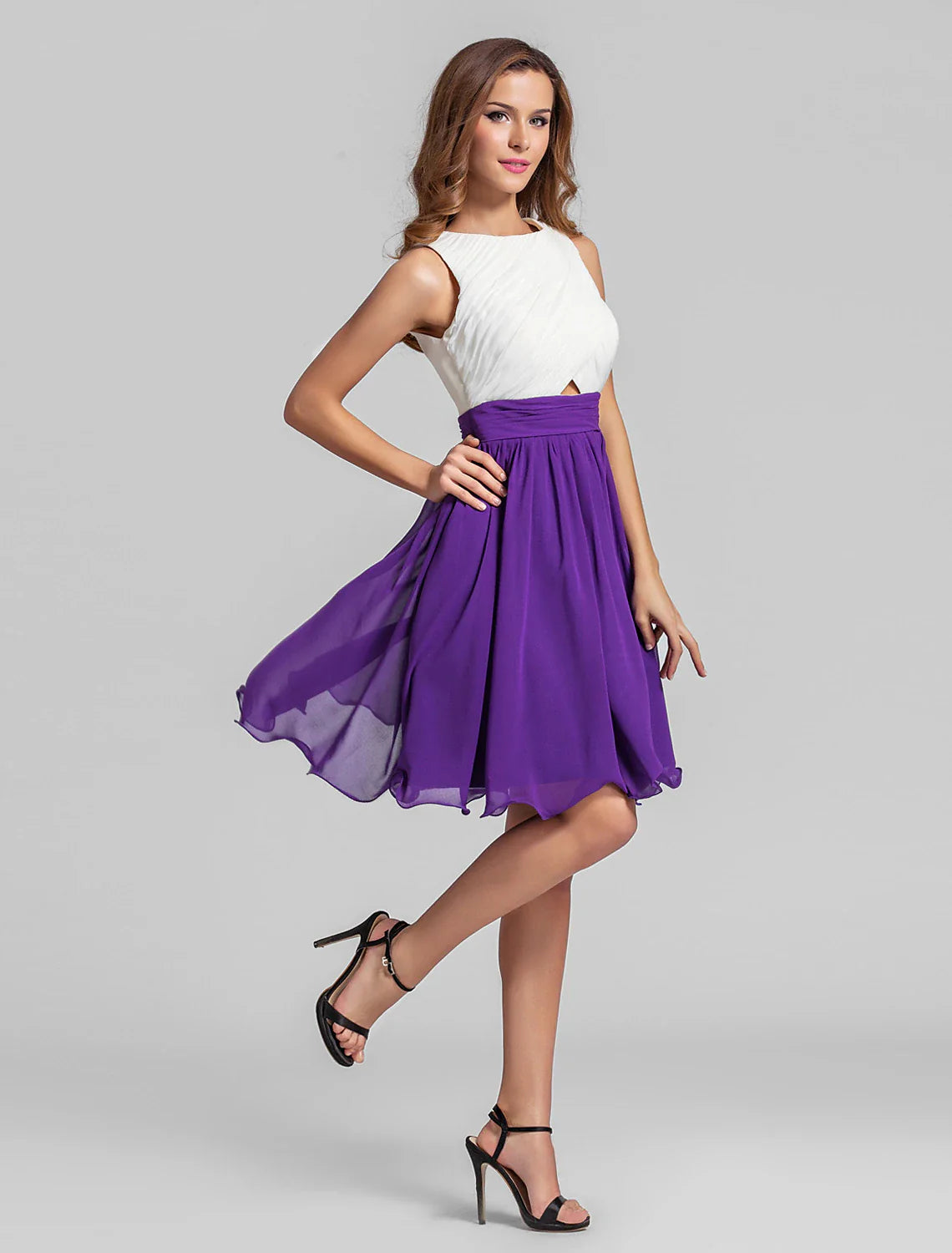 A-Line Jewel Neck Short / Mini Chiffon Bridesmaid Dress with Criss Cross / Ruched