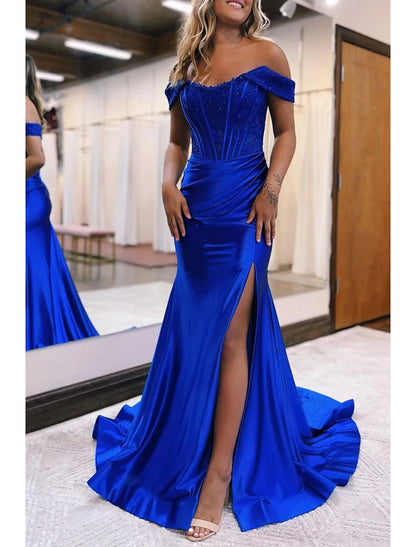 Mermaid / Trumpet Evening Gown Empire Dress Formal Wedding Guest Court Train Sleeveless Off Shoulder Imitation Silk with Slit Appliques