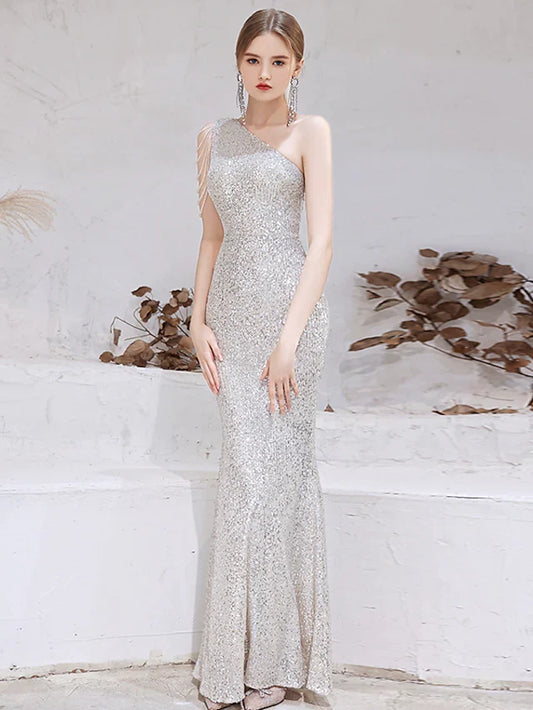 Mermaid / Trumpet Evening Gown Sparkle Dress Wedding Guest Floor Length Sleeveless One Shoulder Sequined with Beading Sequin