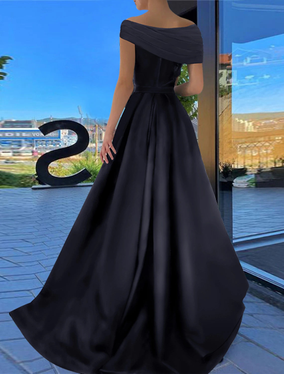 A-Line Prom Dresses Black Dress Plus Size Formal Wedding Party Floor Length Short Sleeve Off Shoulder Satin with Ruched Slit