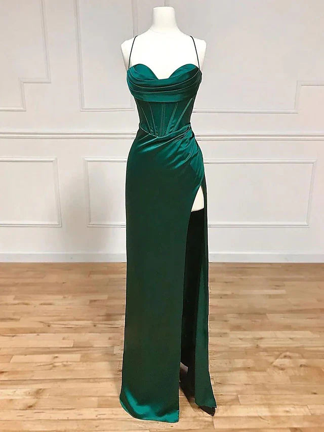 Sheath / Column Evening Gown Empire Dress Formal Floor Length Sleeveless V Neck Charmeuse Backless with Pleats Slit