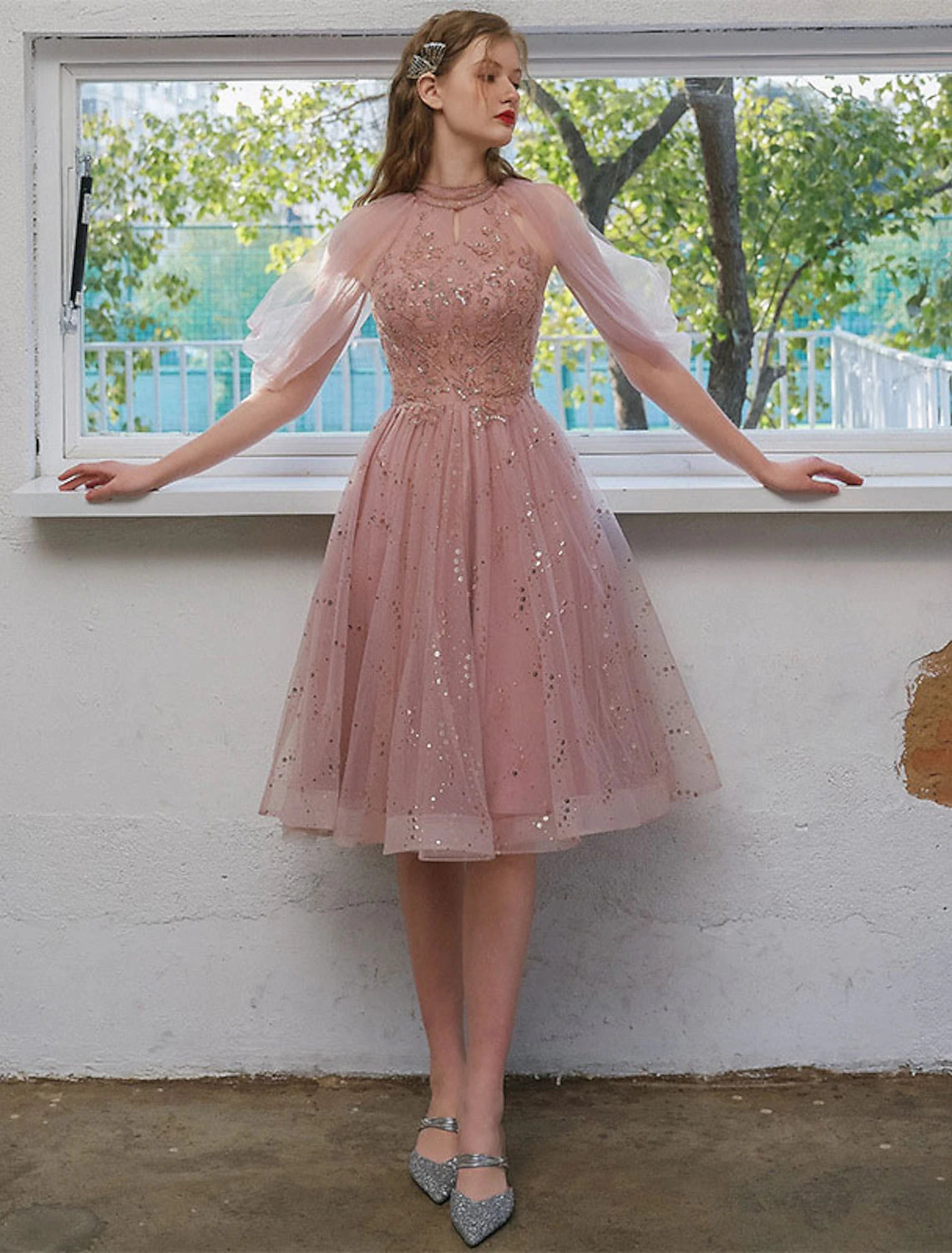 A-Line Cocktail Dresses Party Dress Wedding Guest Graduation Knee Length 3/4 Length Sleeve Jewel Neck Tulle with Sequin Appliques