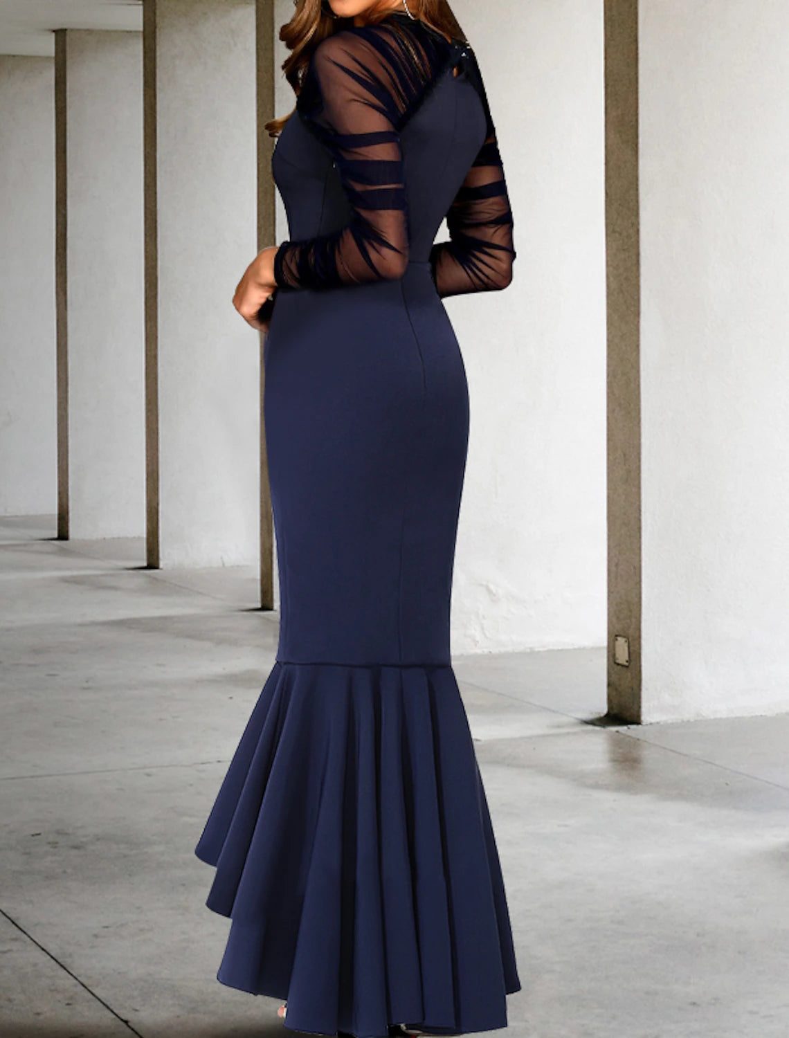 Sheath Mermaid Black Long Sleeve  Prom Dresses Asymmetrical Long Sleeve V Neck Stretch Fabric Formal Dress with Ruched Ruffles