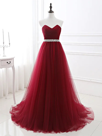 A-Line Elegant Quinceanera Prom Valentine's Day Dress Strapless Sleeveless Chapel Train Satin with Crystals