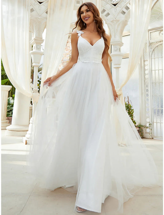 Casual Wedding Dresses A-Line Sweetheart V Wire Regular Straps Sweep / Brush Train Tulle Bridal Gowns With Crystals Appliques Bridal Dresses