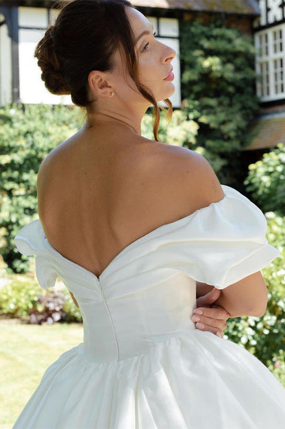 White Puff Off-the-Shoulder V Neck Sweeping Long Wedding Dress Sexy