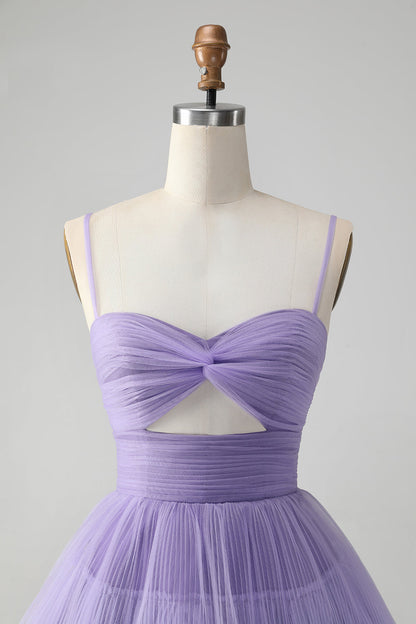 Cute Purple A Line Spaghetti Straps Short Tiered Homecoming Dress with Hollow Out Beautiful