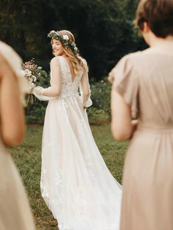 A-Line/Princess Tulle Applique V-neck Long Sleeves Sweep/Brush Train Wedding Dresses Beautiful