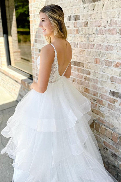 White Appliques Backless Multi-Layer Long Wedding Dress Sexy