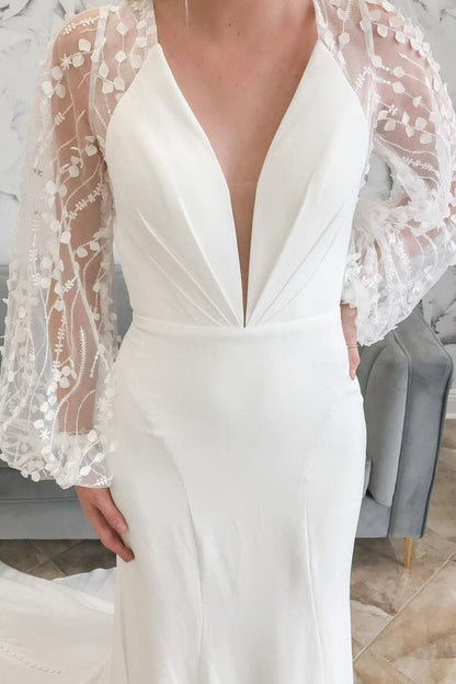 Ivory Plunge V Mermaid Long Wedding Dress with Balloon Sleeves Sexy