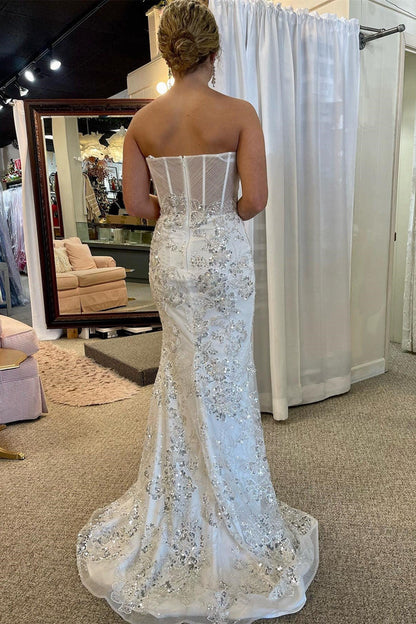 White Strapless Mermaid Long Wedding Dress with Detachable Train Off Shoulder Sparkly