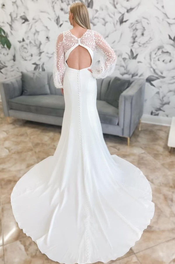 Ivory Plunge V Mermaid Long Wedding Dress with Balloon Sleeves Sexy