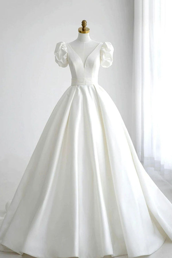 Elegant A Line V Neck White Wedding Dress with Short Sleeves Beautiful