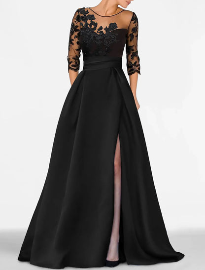 A-Line Evening Gown Elegant Dress Wedding Guest Floor Length 3/4 Length Sleeve Jewel Neck Satin with Beading Appliques Mother of the Bride Dress