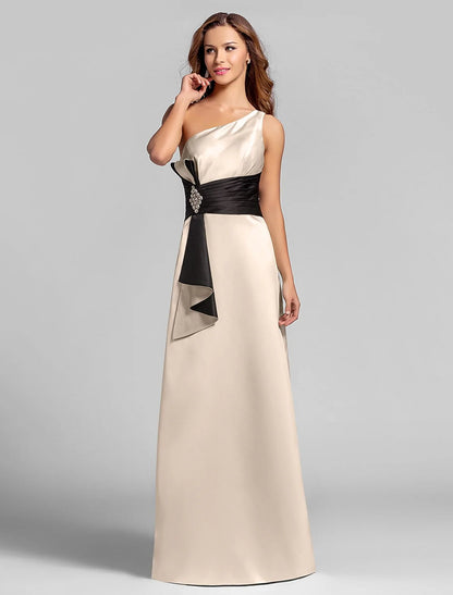 A-Line Elegent One Shoulder Floor Length Satin Bridesmaid Dress with Crystal Brooch