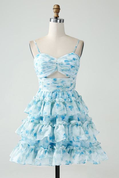 Blue Flower A-Line Tiered Pleated Short Homecoming Dress Beautiful