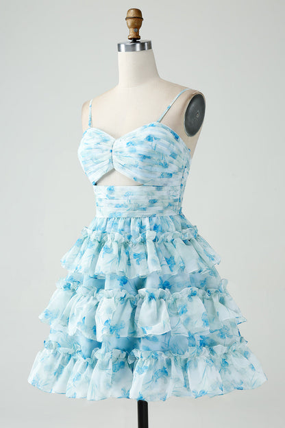 Blue Flower A-Line Tiered Pleated Short Homecoming Dress Beautiful