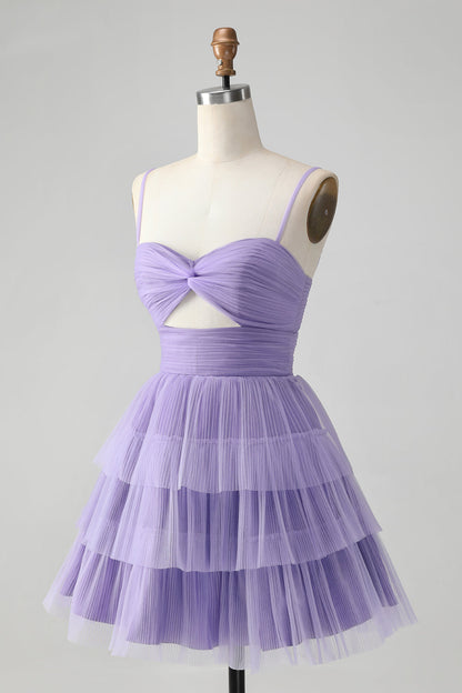 Cute Purple A Line Spaghetti Straps Short Tiered Homecoming Dress with Hollow Out Beautiful