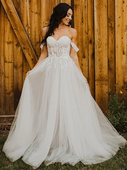 A-Line/Princess Tulle Applique Off-the-Shoulder Sleeveless Sweep/Brush Train Wedding Dresses Beautiful