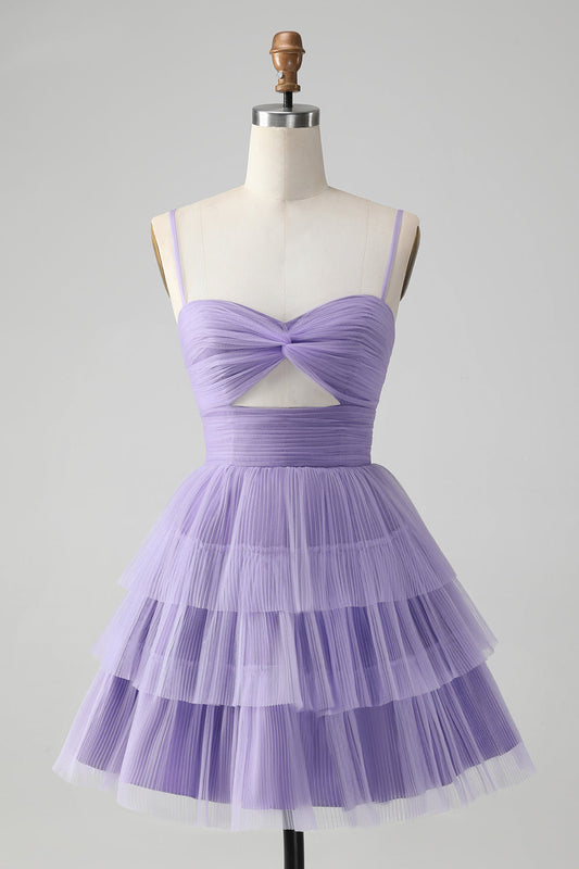 Cute Purple A Line Spaghetti Straps Short Tiered Homecoming Dress with Hollow Out Beautiful