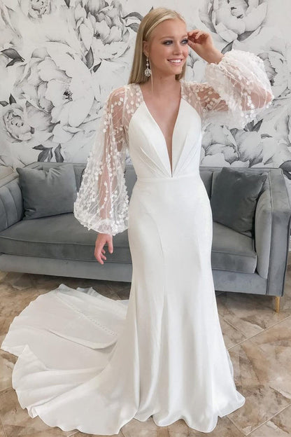 Ivory Plunge V Mermaid Long Wedding Dress with Balloon Sleeves Sexy