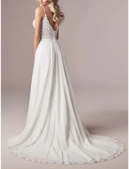 Hall Formal Wedding Dresses A-Line Camisole Spaghetti Strap Court Train Chiffon Bridal Gowns With Pleats Split