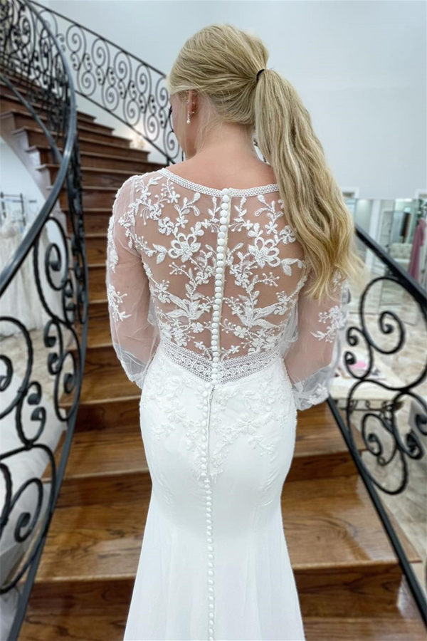 White Mermaid Deep V Neck Illusion Sleeves Appliques Long Wedding Dress Beautiful