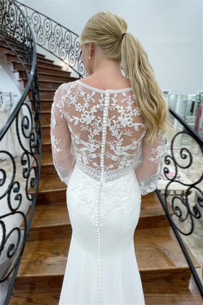 White Mermaid Deep V Neck Illusion Sleeves Appliques Long Wedding Dress Beautiful