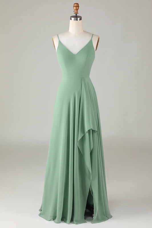 V Neck Spaghetti Straps Long Bridesmaid Dress with Ruffles