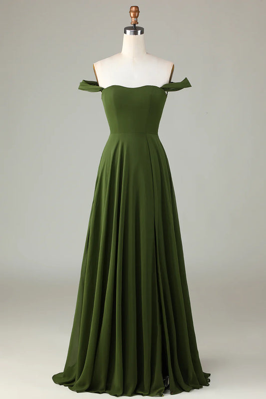 A-Line Off The Shoulder Olive Long Bridesmaid Dress with Slit