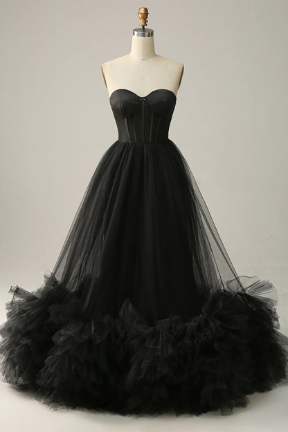 A Line Strapless Black Corset Prom Dress with Ruffles