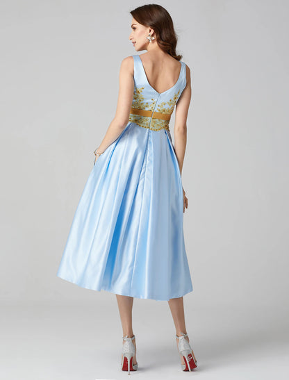 A-Line Cocktail Dresses Elegant Dress Wedding Guest Prom Tea Length Sleeveless Jewel Neck Satin V Back with Pleats Appliques