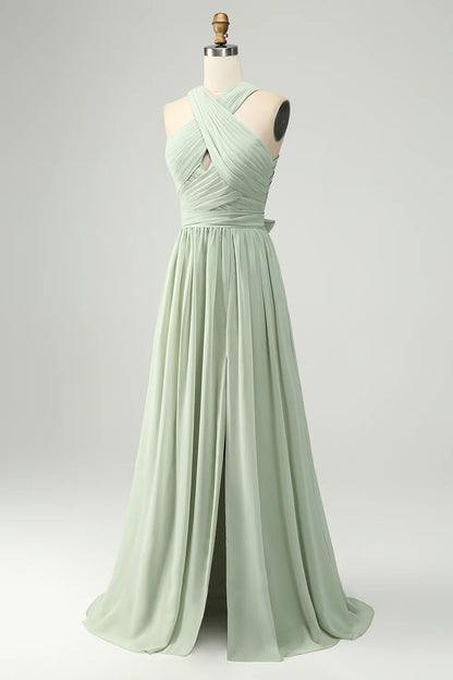 A Line Criss Cross Halter Chiffon Pleated Long Bridesmaid Dress with Slit