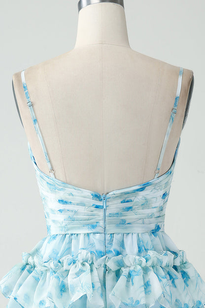 Blue Flower A-Line Tiered Pleated Short Homecoming Dress Beautiful