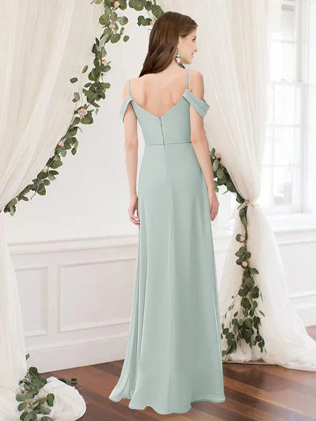 A-Line Bridesmaid Dress V Neck Sleeveless Elegant Floor Length Chiffon with Pleats / Split Front